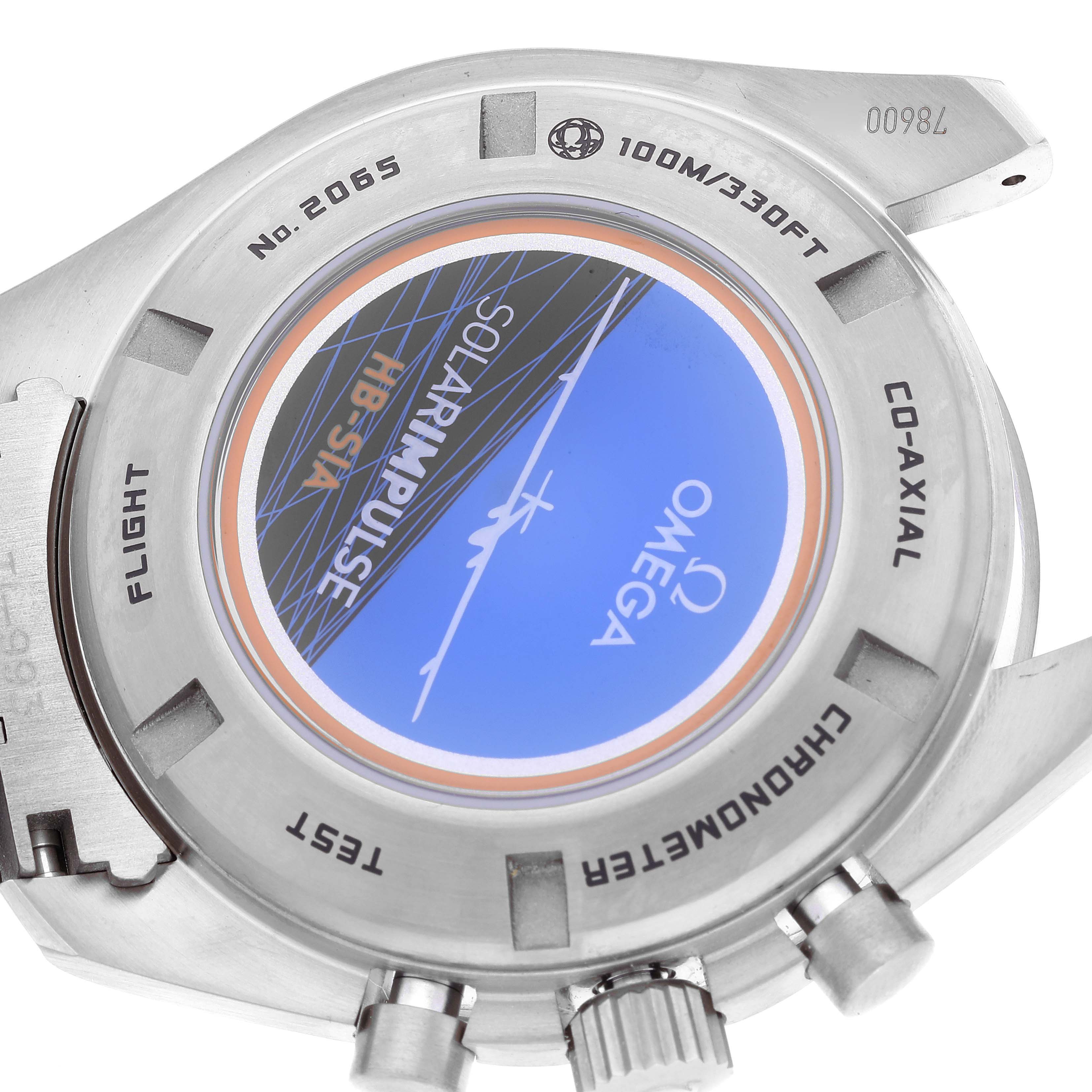 The image shows the back case of the Omega Speedmaster 321.90.44.52.01.001 Men's Titanium Black Dial 321.90.44.52.01.001 Men's Titanium Black Dial, highlighting the "Solar Impulse" edition details.