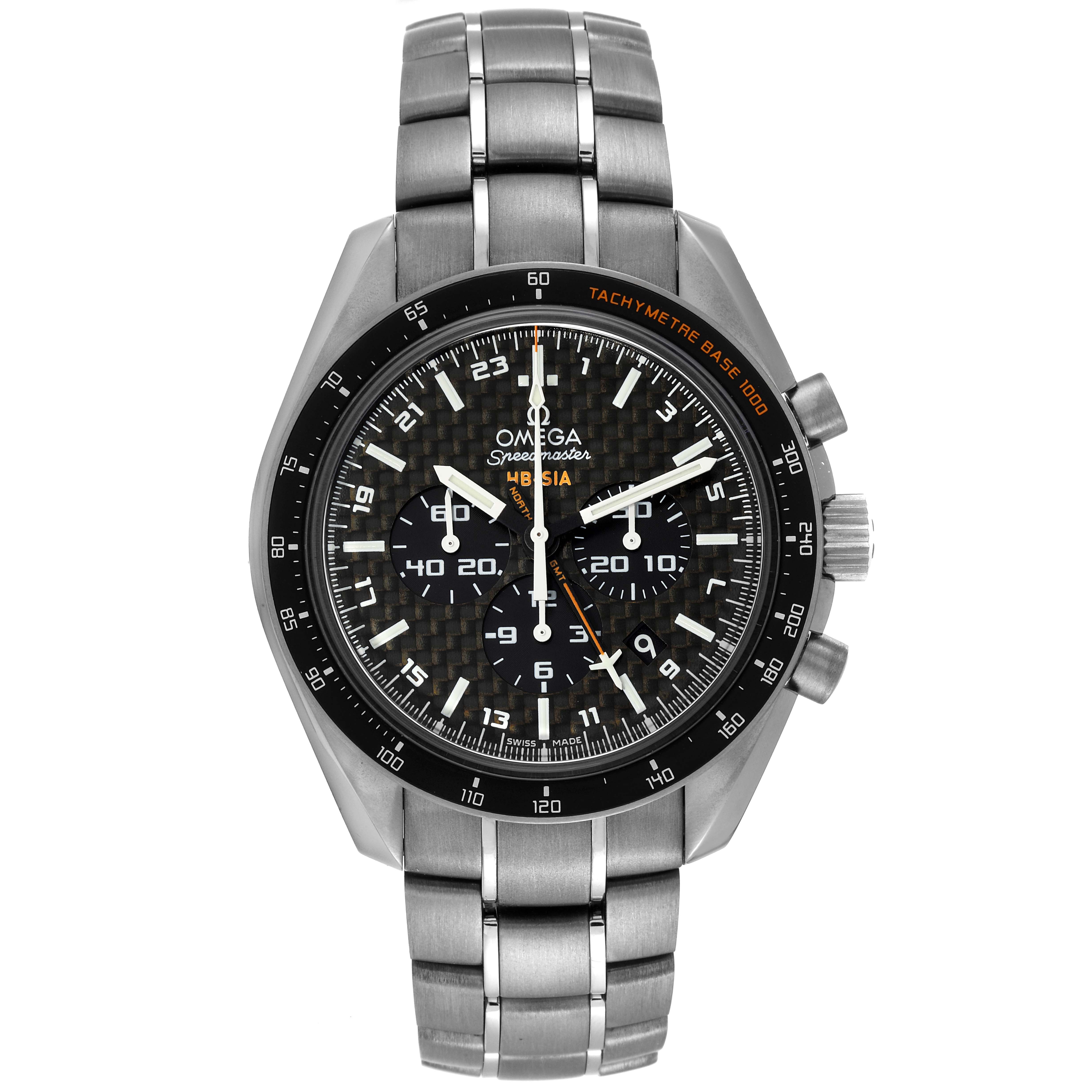 This is a front view of the Omega Speedmaster 321.90.44.52.01.001 Men's Titanium Black Dial 321.90.44.52.01.001 Men's Titanium Black Dial watch, showing its dial, chronograph subdials, tachymeter bezel, and metal bracelet.