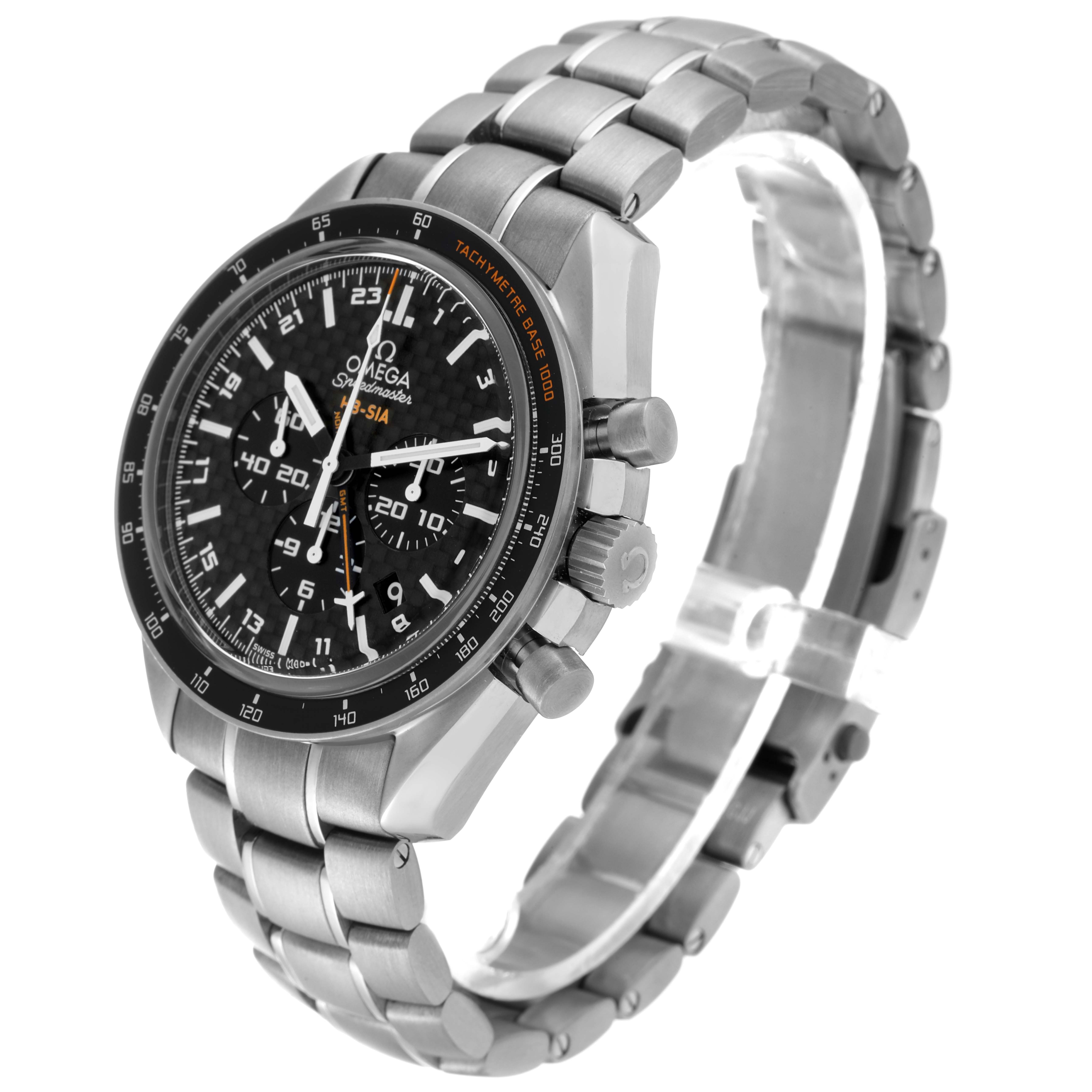 The Omega Speedmaster 321.90.44.52.01.001 Men's Titanium Black Dial 321.90.44.52.01.001 Men's Titanium Black Dial watch is shown from an oblique angle, highlighting its face, bracelet, and side buttons.