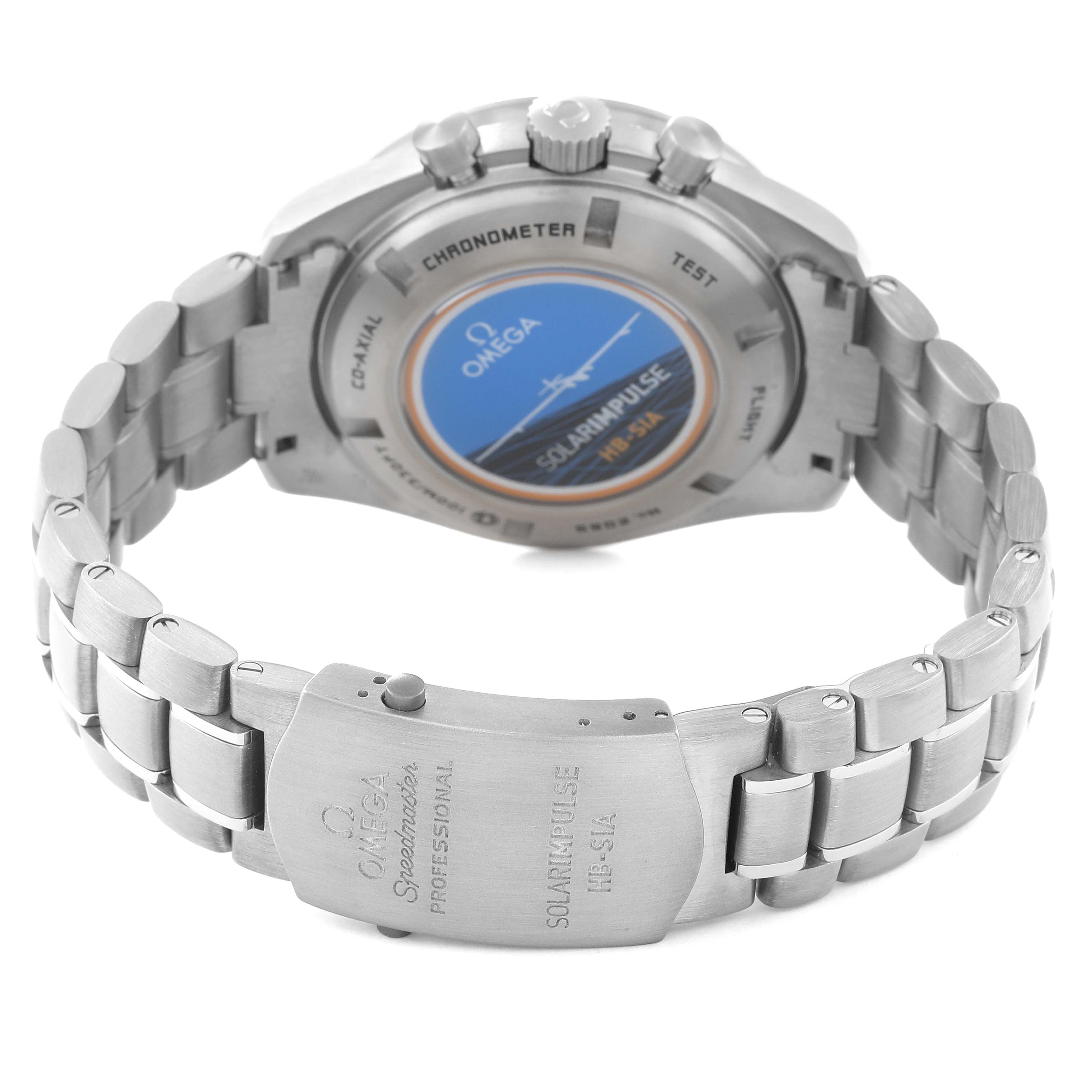 The image shows the back and bracelet of an Omega Speedmaster 321.90.44.52.01.001 Men's Titanium Black Dial 321.90.44.52.01.001 Men's Titanium Black Dial watch, highlighting the clasp and case back.