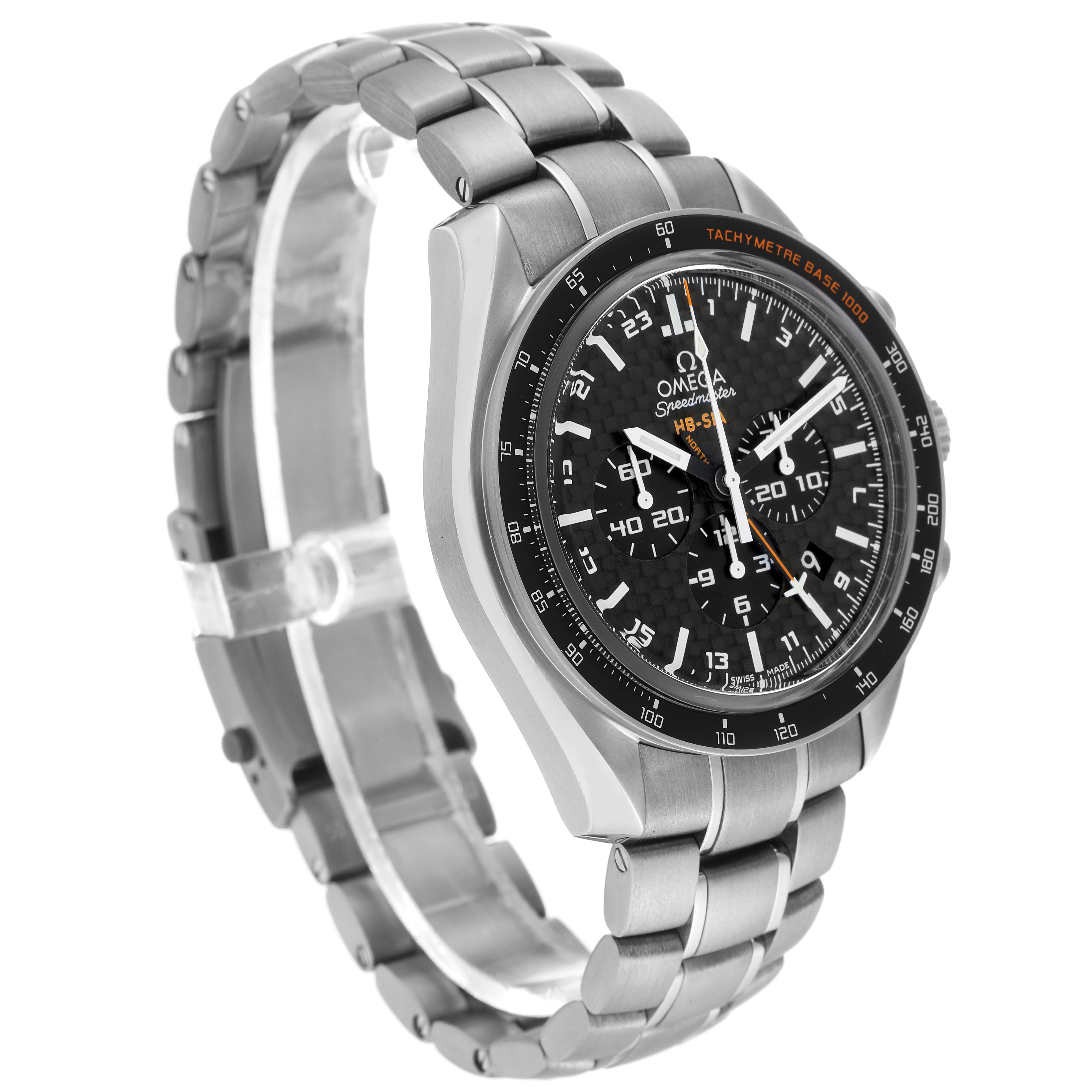 The image shows an angled view of an Omega Speedmaster 321.90.44.52.01.001 Men's Titanium Black Dial 321.90.44.52.01.001 Men's Titanium Black Dial watch highlighting the face, bezel, and stainless steel bracelet.