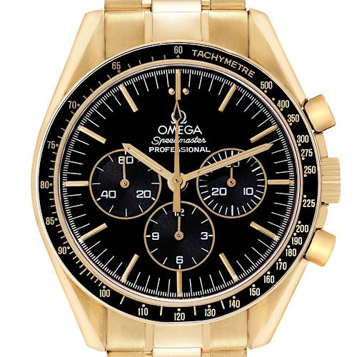 The image shows a frontal view of an Omega Speedmaster 3191.50 Men's Yellow Gold Black Dial 3191.50 Men's Yellow Gold Black Dial watch, featuring its black dial, gold case, and tachymeter bezel.