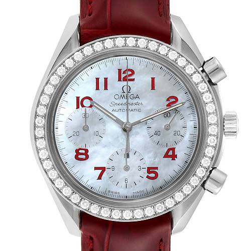 The image shows a front view of the Omega 3815.79.40 Women's Stainless Steel Mother of Pearl Dial 3815.79.40 Women's Stainless Steel Mother of Pearl Dial Speedmaster MOP Diamond Red Strap Ladies Watch model 3815.79.40, highlighting its mother of pearl dial, diamond bezel, and red strap.