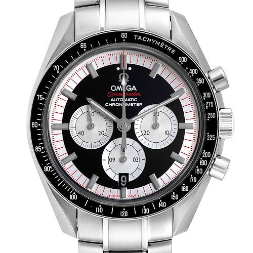 The image shows a front view of the Omega Speedmaster 3507.51.00 Men's Stainless Steel Black Dial 3507.51.00 Men's Stainless Steel Black Dial watch, highlighting its chronograph dials, tachymeter bezel, and metal strap.