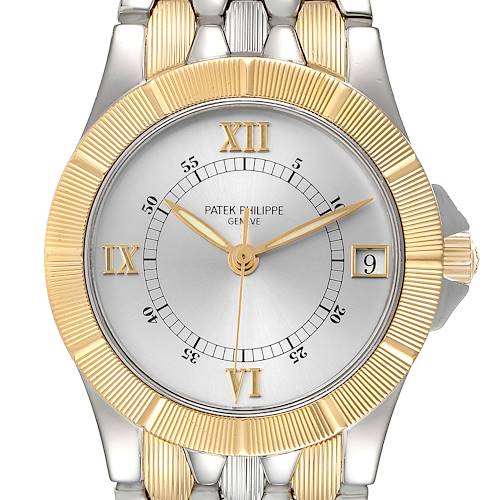 The image shows a front view of the Patek Philippe Neptune 5080/IJA Men's Steel and Gold (two tone) Silver Dial 5080/IJA Men's Steel and Gold (two tone) Silver Dial model watch, highlighting its face, bezel, and part of the bracelet.