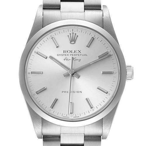 The image shows a frontal view of a Rolex Air-King 14000 Men's Stainless Steel Silver Dial 14000 Men's Stainless Steel Silver Dial watch, highlighting its dial, hour markers, hands, and crown.