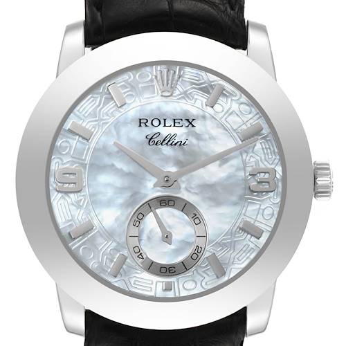 This image shows a front view of a Rolex Cellini 5240 Men's Platinum Mother of Pearl Dial 5240 Men's Platinum Mother of Pearl Dial watch, highlighting its dial, hands, and crown.