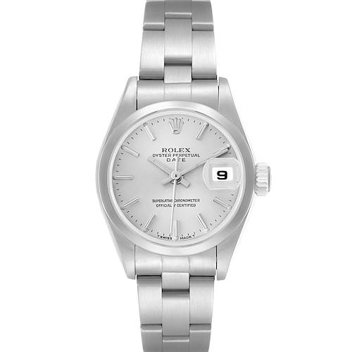 The Rolex Date 69160 Women's Stainless Steel Silver Dial 69160 Women's Stainless Steel Silver Dial model is shown from the front, featuring the dial, bracelet, and date window.