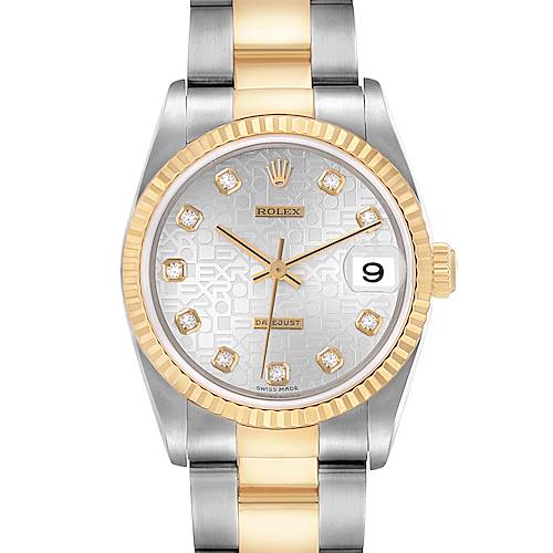 The Rolex Mid-Size 178273 Women's Steel and Gold (two tone) Silver Dial 178273 Women's Steel and Gold (two tone) Silver Dial watch is shown from the front, highlighting its fluted bezel, two-tone bracelet, and diamond indices on the dial.