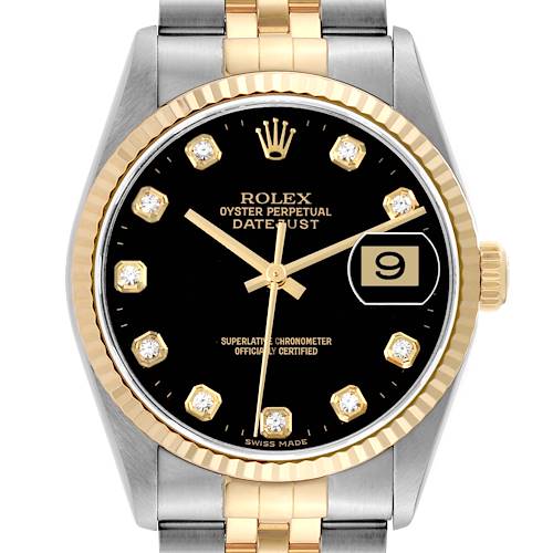 The image shows a front view of a Rolex Datejust 16233G Men's Steel and Gold (two tone) Black Dial 16233G Men's Steel and Gold (two tone) Black Dial watch, highlighting the dial, bezel, and part of the bracelet.