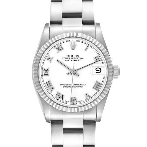 The image shows a front view of the Rolex Mid-Size 68274 Women's Stainless Steel White Dial 68274 Women's Stainless Steel White Dial Datejust, highlighting the dial, bezel, bracelet, and date magnifier.