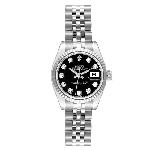 The watch is a Rolex Datejust 179174 Women's Stainless Steel Black Dial 179174 Women's Stainless Steel Black Dial model shown from the front, featuring a black dial, fluted bezel, date window, and Jubilee bracelet.