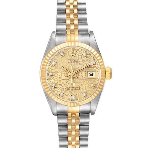 The Rolex Datejust 69173 Women's Steel and Gold (two tone) Champagne Dial 69173 Women's Steel and Gold (two tone) Champagne Dial watch is shown from a front angle, highlighting its gold and silver jubilee bracelet and textured dial with diamond hour markers.
