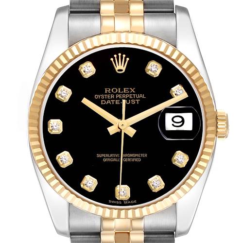The Rolex Datejust 116233 Men's Steel and Gold (two tone) Black Dial 116233 Men's Steel and Gold (two tone) Black Dial watch is shown from a top angle, highlighting the face, bezel, dial, date, and part of the bracelet.