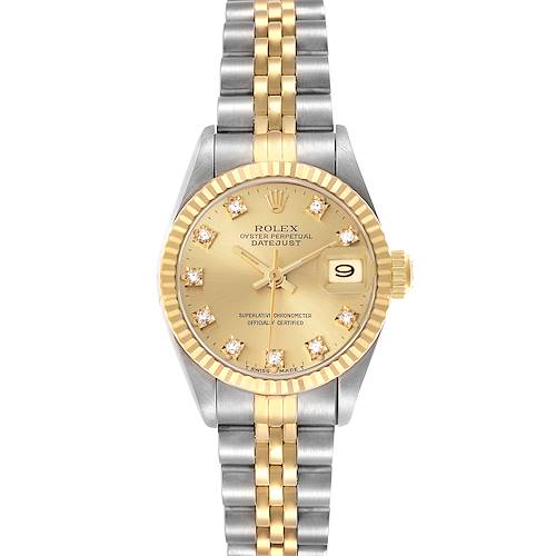 The Rolex Datejust 69173 Women's Steel and Gold (two tone) Champagne Dial 69173 Women's Steel and Gold (two tone) Champagne Dial watch is shown from a top-down angle, highlighting the dial, bezel, and two-tone bracelet.