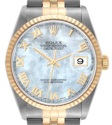 This Rolex Datejust 16233 Men's Steel and Gold (two tone) Mother of Pearl Dial 16233 Men's Steel and Gold (two tone) Mother of Pearl Dial watch is shown from the front, highlighting its dial, bezel, hands, and part of the bracelet.