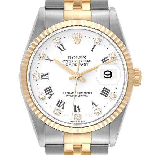 The image shows a frontal view of the Rolex Datejust 16233 Men's Steel and Gold (two tone) White Dial 16233 Men's Steel and Gold (two tone) White Dial watch, highlighting the face, dial, hands, bezel, and part of the bracelet.