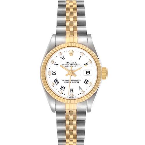 This Rolex Datejust 69173 Women's Steel and Gold (two tone) White Dial 69173 Women's Steel and Gold (two tone) White Dial watch is shown from a top view, highlighting the face, bezel, dial, and bracelet.