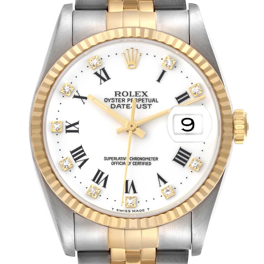 The Rolex Datejust 16233 Men's Steel and Gold (two tone) White Dial 16233 Men's Steel and Gold (two tone) White Dial watch is shown in a close-up frontal angle, highlighting the dial, bezel, and part of the bracelet.