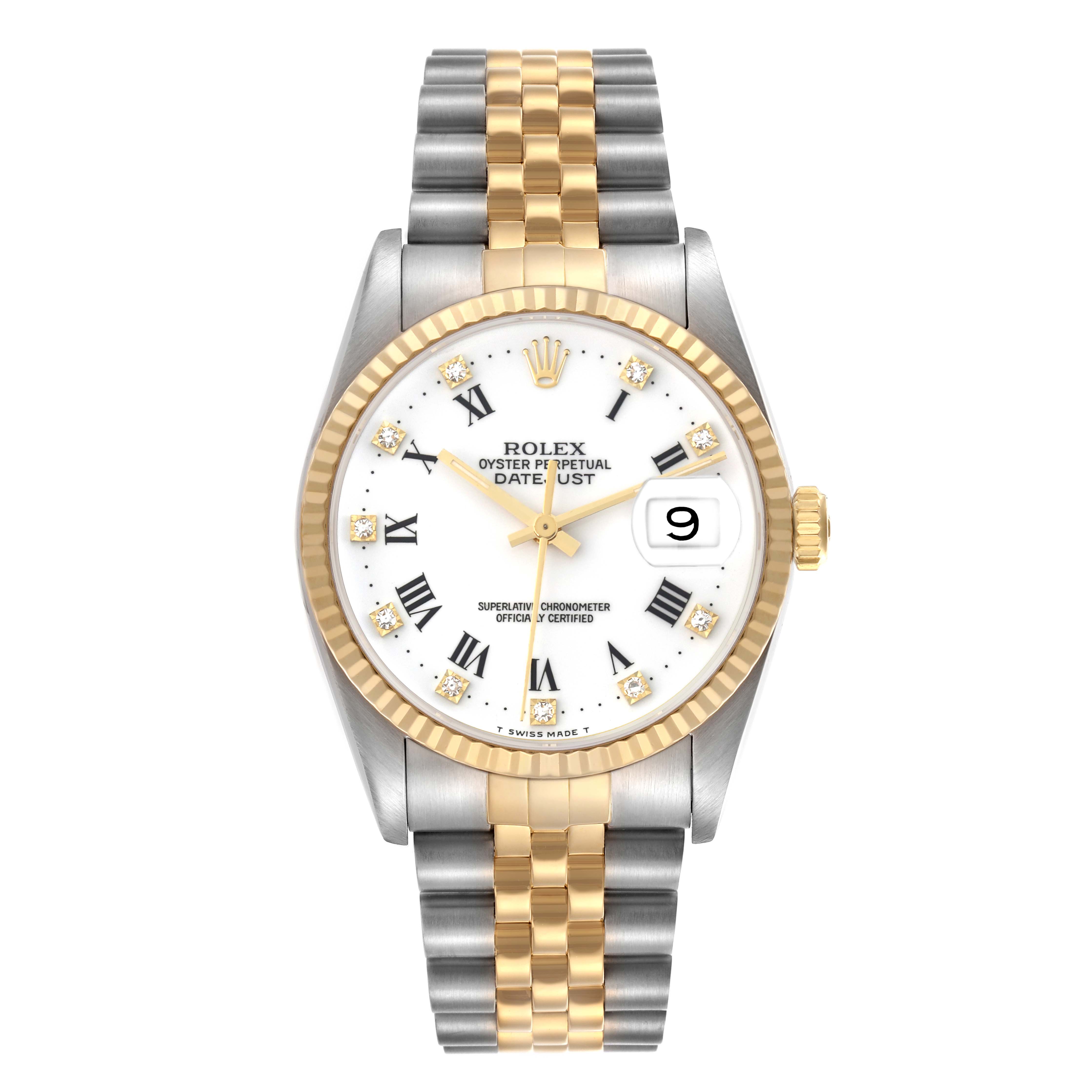 The Rolex Datejust 16233 Men's Steel and Gold (two tone) White Dial 16233 Men's Steel and Gold (two tone) White Dial watch is shown from a frontal angle, highlighting the dial, bezel, and two-tone bracelet.
