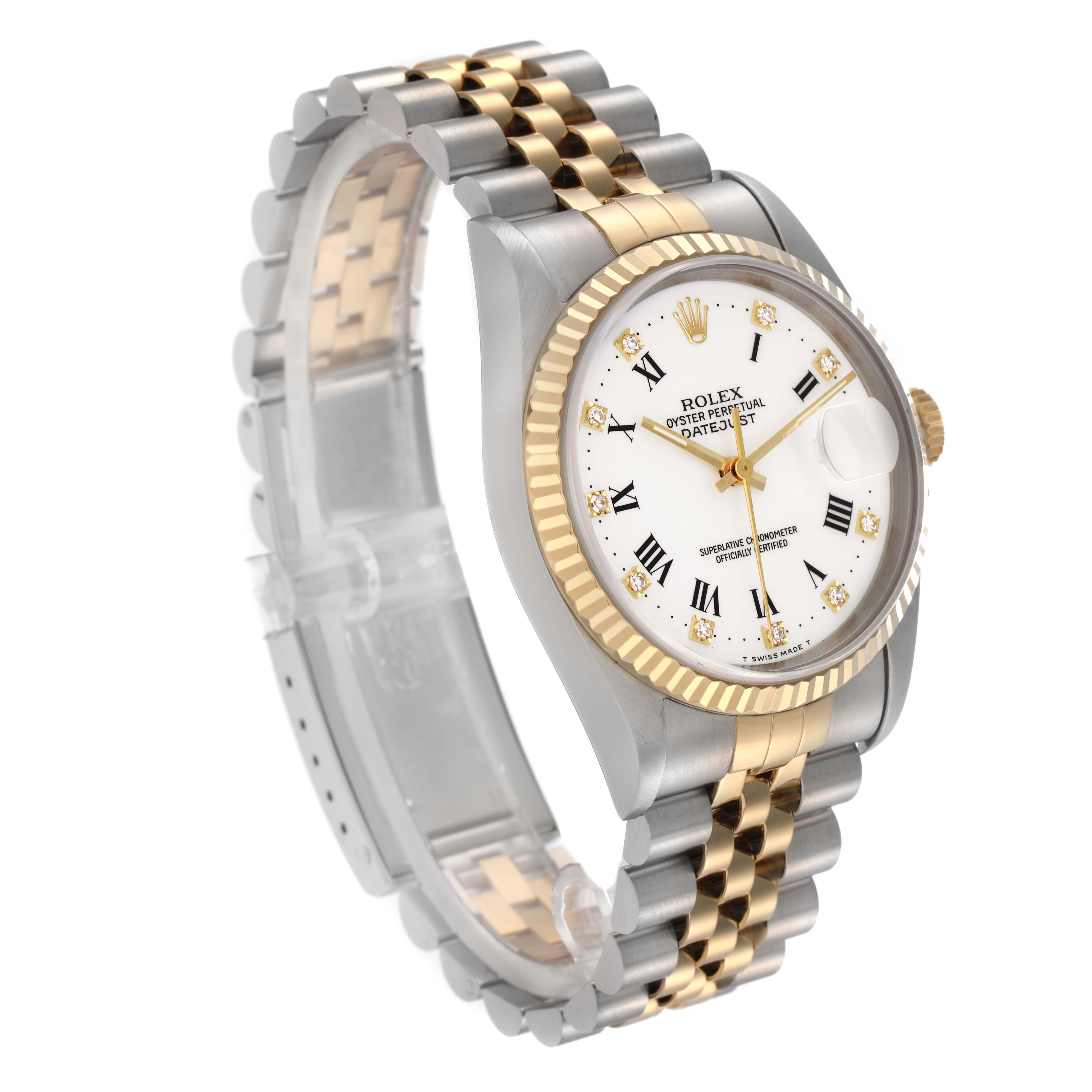 The Rolex Datejust 16233 Men's Steel and Gold (two tone) White Dial 16233 Men's Steel and Gold (two tone) White Dial watch is shown at a three-quarter angle, displaying the face, bracelet, and fluted bezel.