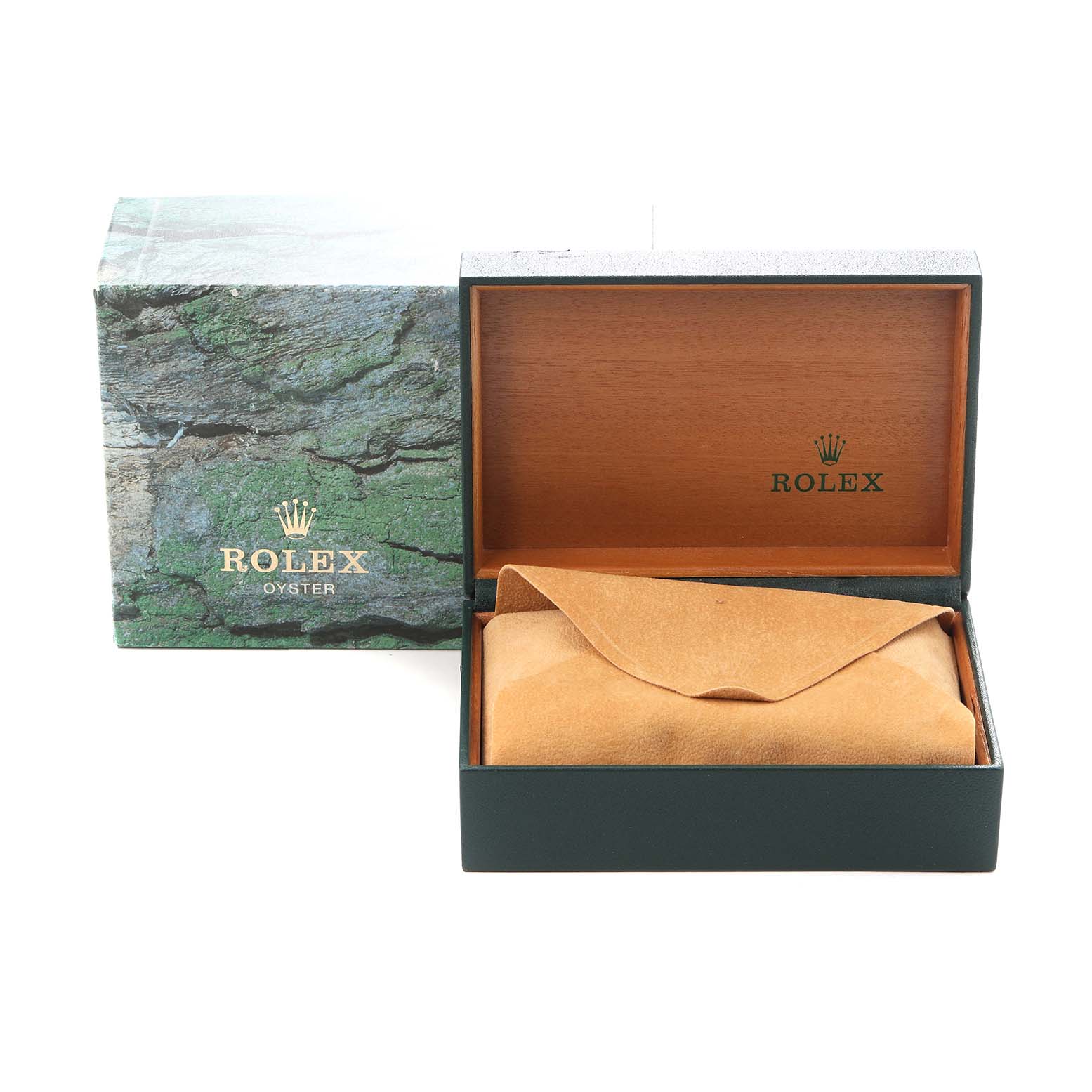 The image shows a Rolex Datejust 16233 Men's Steel and Gold (two tone) White Dial 16233 Men's Steel and Gold (two tone) White Dial presentation box and sleeve, with the box open to reveal a suede pouch inside.