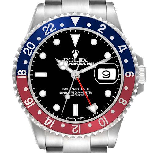 The Rolex GMT-Master 16710 Men's Stainless Steel Black Dial 16710 Men's Stainless Steel Black Dial II is shown from the front, highlighting the dial, bezel, crown, and part of the bracelet.