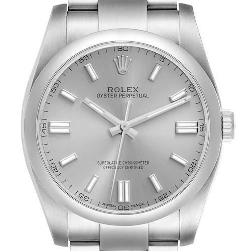 This image shows a front view of a Rolex Oyster Perpetual 116000 Men's Stainless Steel Grey Dial 116000 Men's Stainless Steel Grey Dial watch, highlighting its dial, hour markers, hands, and part of the bracelet.