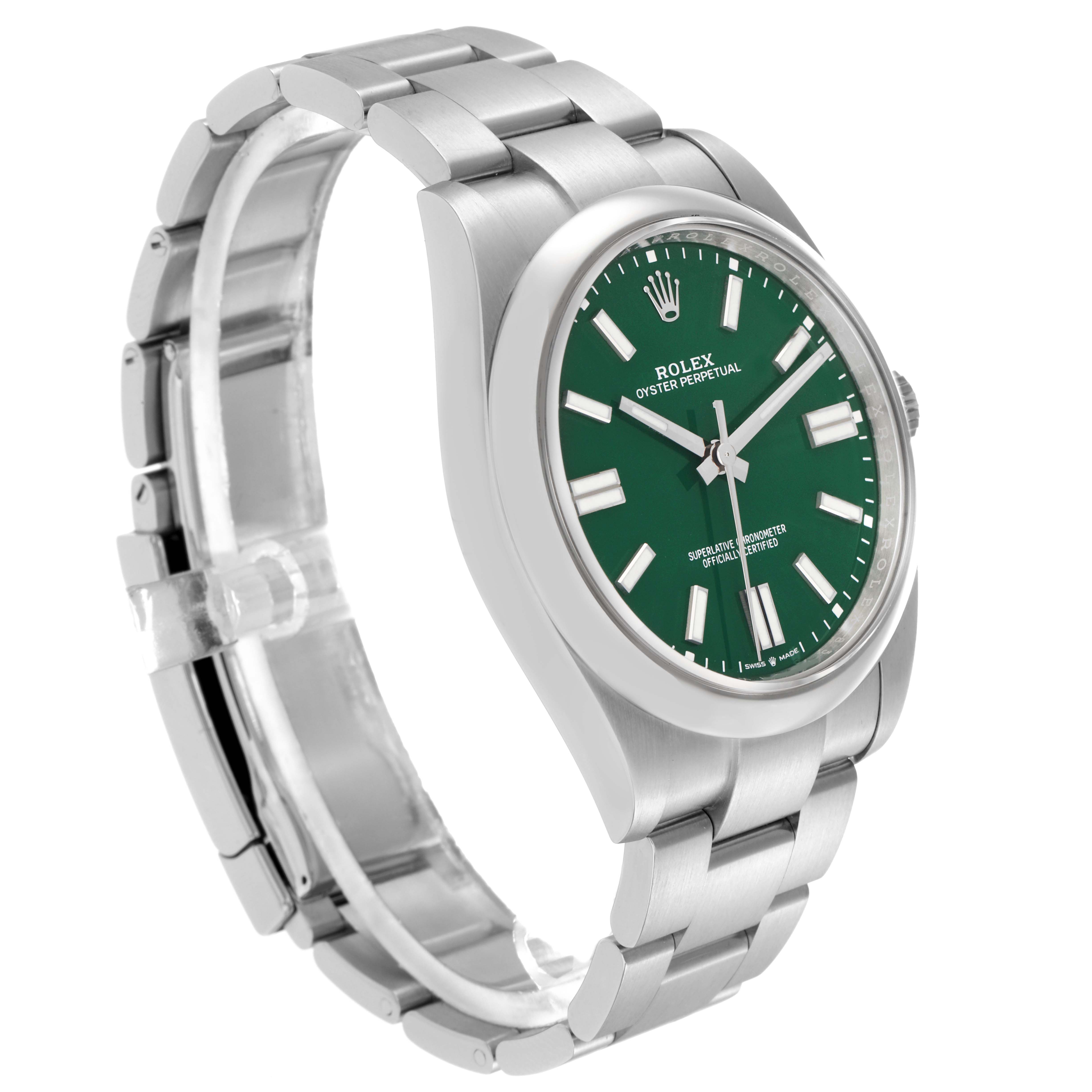 The Rolex Oyster Perpetual 124300 Men's Stainless Steel Green Dial 124300 Men's Stainless Steel Green Dial watch is shown at a three-quarter angle, displaying the green dial, stainless steel case, and bracelet.