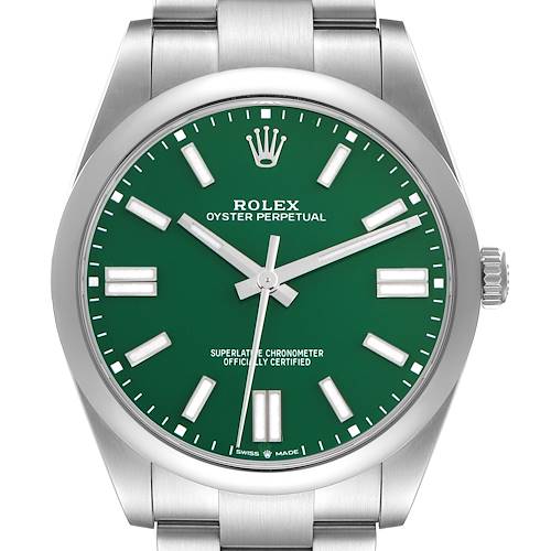 The Rolex Oyster Perpetual 124300 Men's Stainless Steel Green Dial 124300 Men's Stainless Steel Green Dial watch is shown from a front angle, highlighting its green dial, logo, and bracelet.