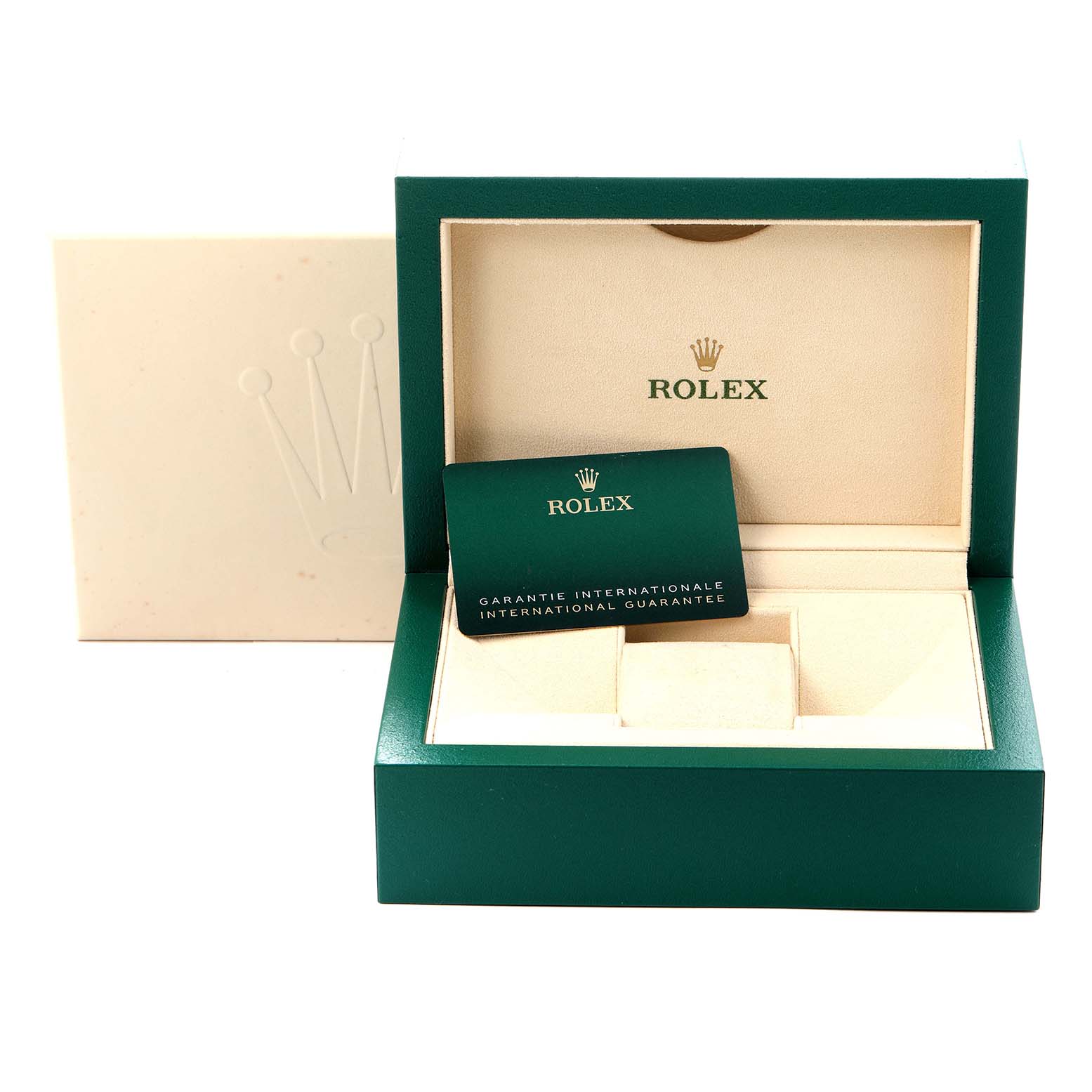 The Rolex Oyster Perpetual 124300 Men's Stainless Steel Green Dial 124300 Men's Stainless Steel Green Dial packaging is shown, featuring an open green box and a warranty card.