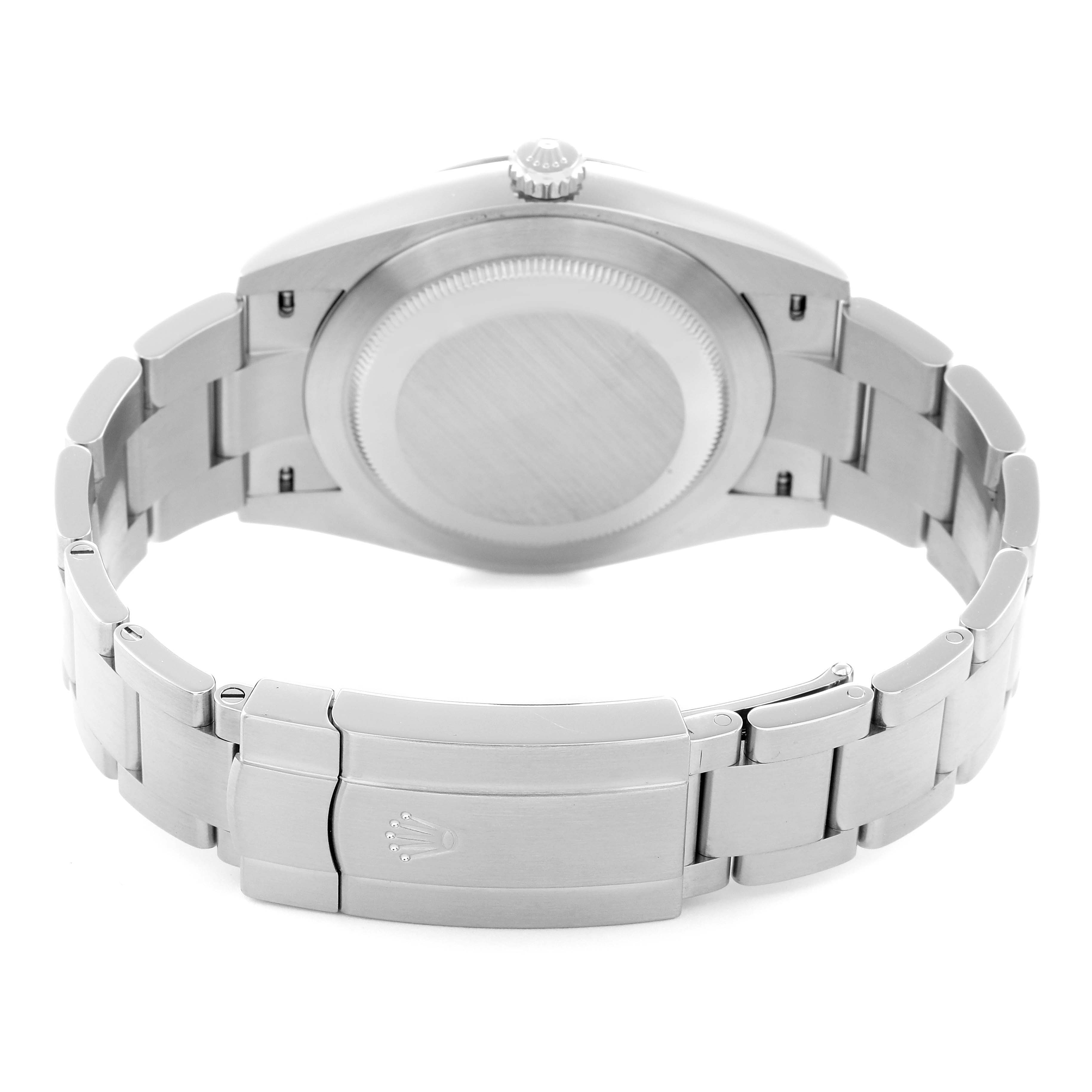 The image shows the back and bracelet of a Rolex Oyster Perpetual 124300 Men's Stainless Steel Green Dial 124300 Men's Stainless Steel Green Dial watch, highlighting the clasp and case back.