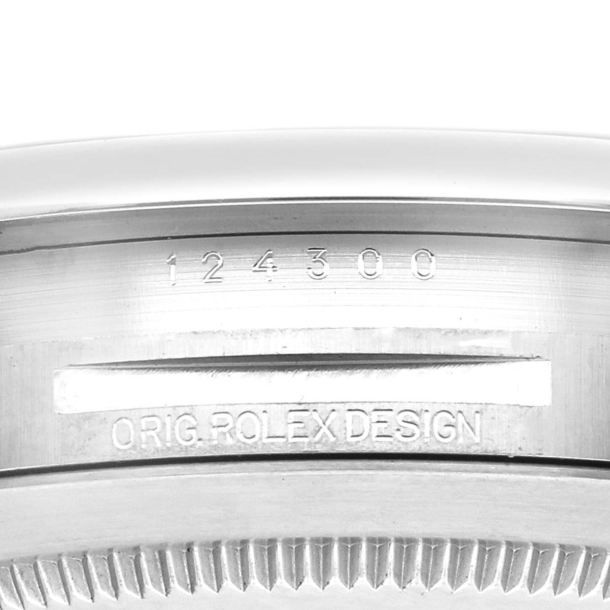 The image shows a close-up of the side of a Rolex Oyster Perpetual 124300 Men's Stainless Steel Green Dial 124300 Men's Stainless Steel Green Dial watch, highlighting the bezel and engraved model number.