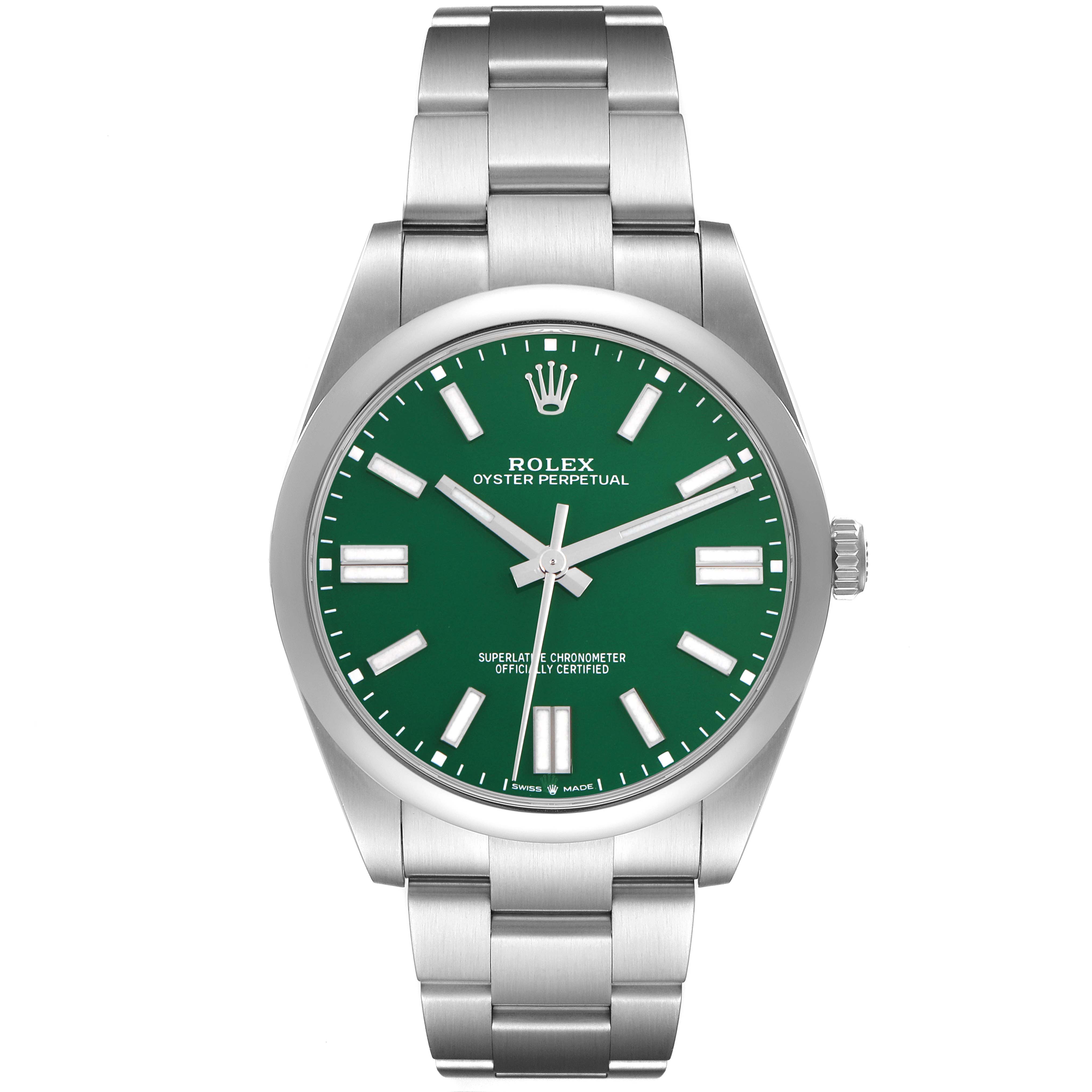 The Rolex Oyster Perpetual 124300 Men's Stainless Steel Green Dial 124300 Men's Stainless Steel Green Dial watch is shown from the front, displaying its green dial, bracelet, and crown.