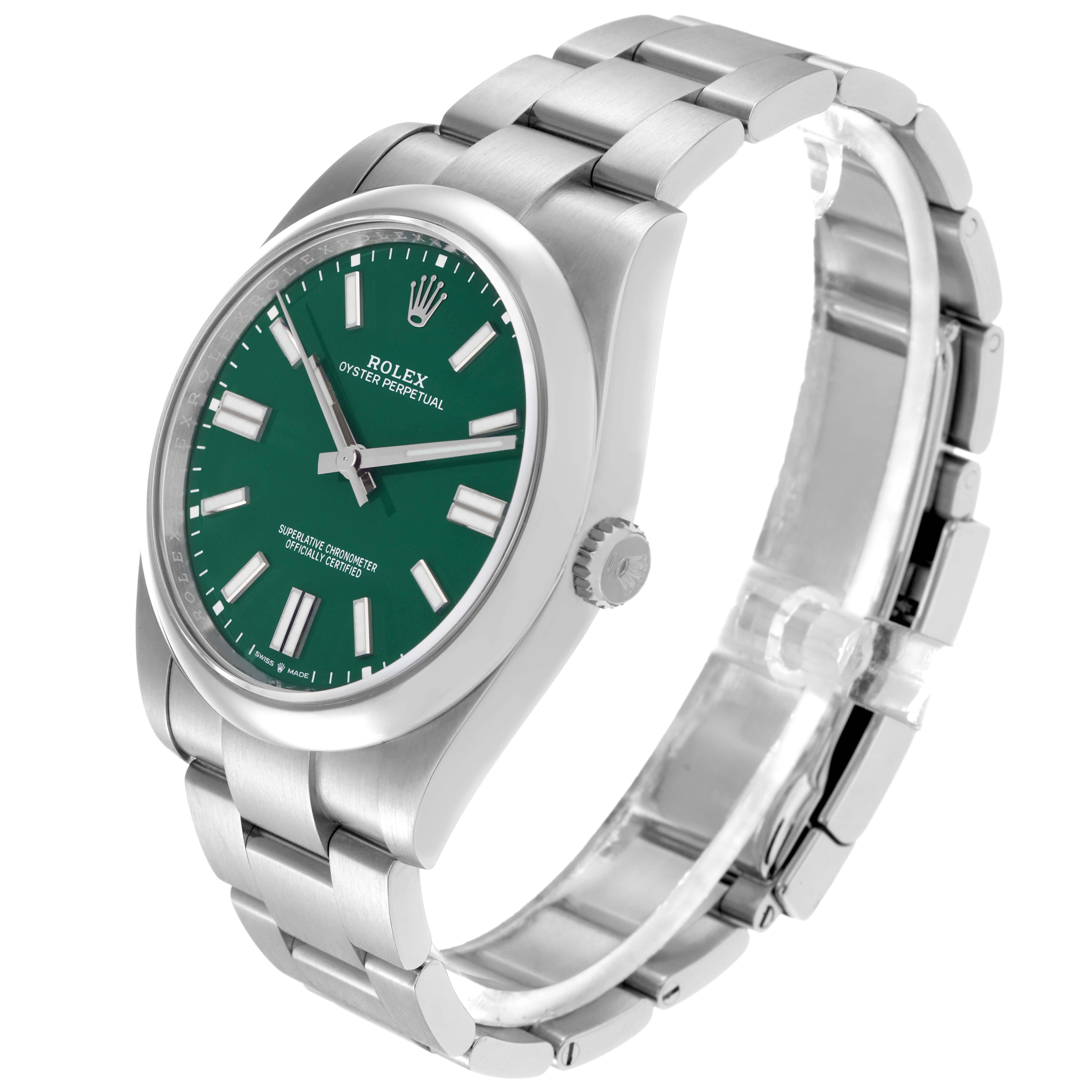 The Rolex Oyster Perpetual 124300 Men's Stainless Steel Green Dial 124300 Men's Stainless Steel Green Dial watch is shown from a three-quarter angle, highlighting the face, bezel, crown, and bracelet.