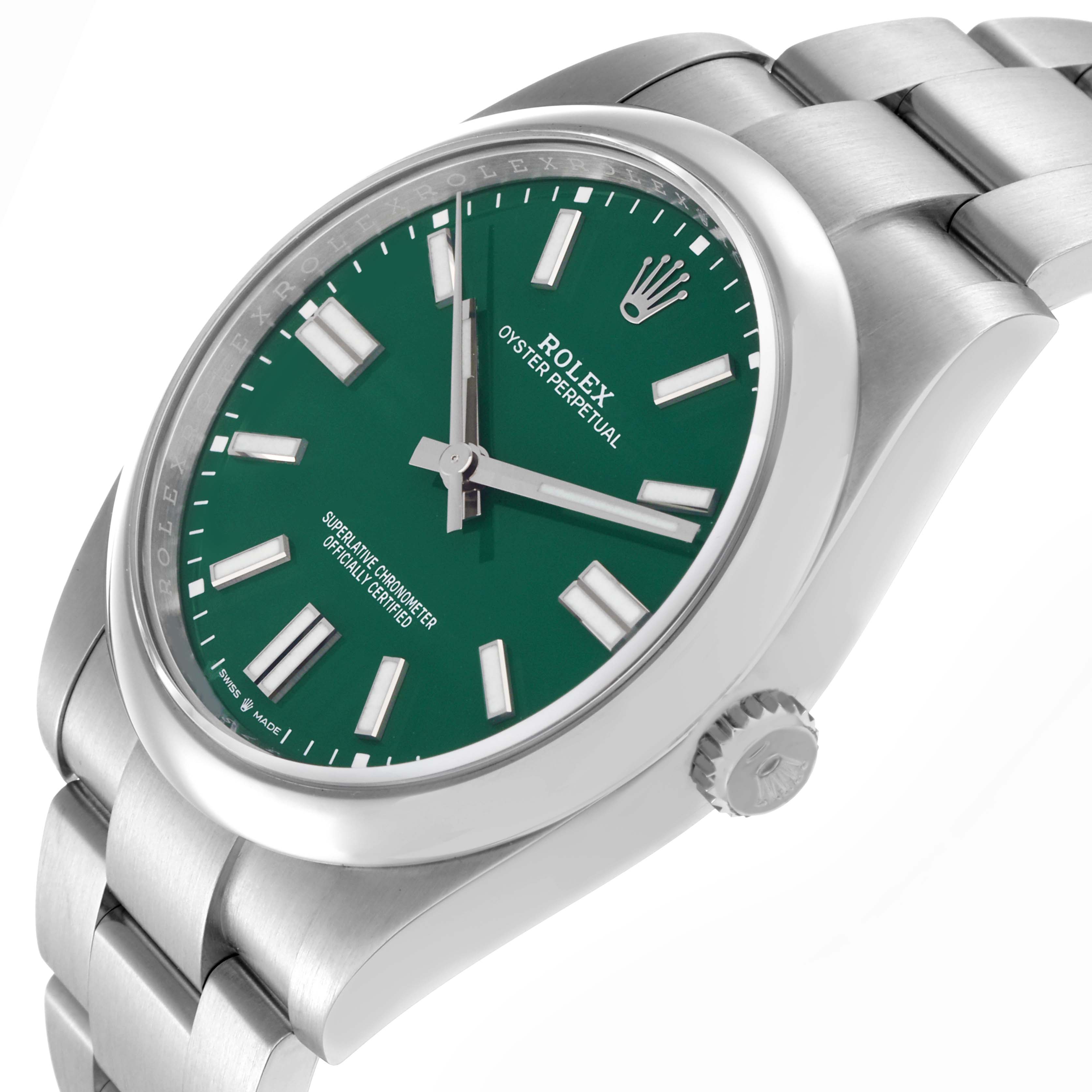 The Rolex Oyster Perpetual 124300 Men's Stainless Steel Green Dial 124300 Men's Stainless Steel Green Dial watch is shown at a slight angle, displaying the green dial, bezel, case, crown, and part of the bracelet.