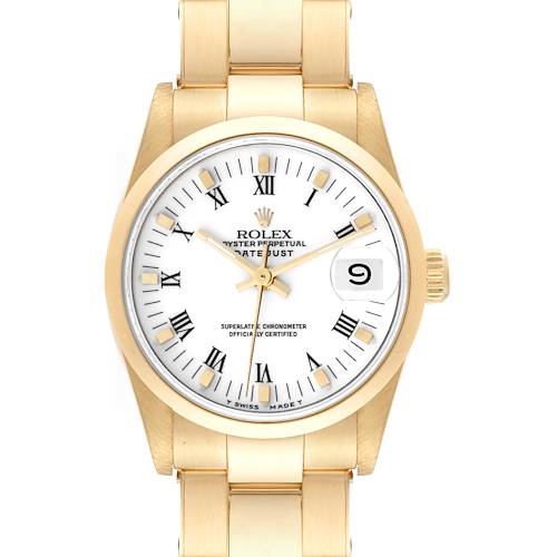 The image shows a Rolex President 68248 Women's Yellow Gold White Dial 68248 Women's Yellow Gold White Dial model watch face and bracelet from a front angle.