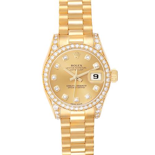 The image shows a frontal view of a Rolex President 179158 Women's Yellow Gold Champagne Dial 179158 Women's Yellow Gold Champagne Dial model watch, displaying its gold dial, diamond-encrusted bezel, and bracelet.