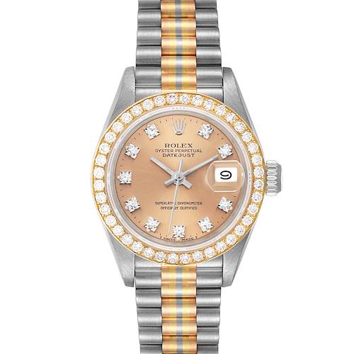 The image shows a front view of the Rolex President 69139 Women's White Gold Brown Dial 69139 Women's White Gold Brown Dial Datejust watch, highlighting its diamond bezel, gold-tone dial, and band.