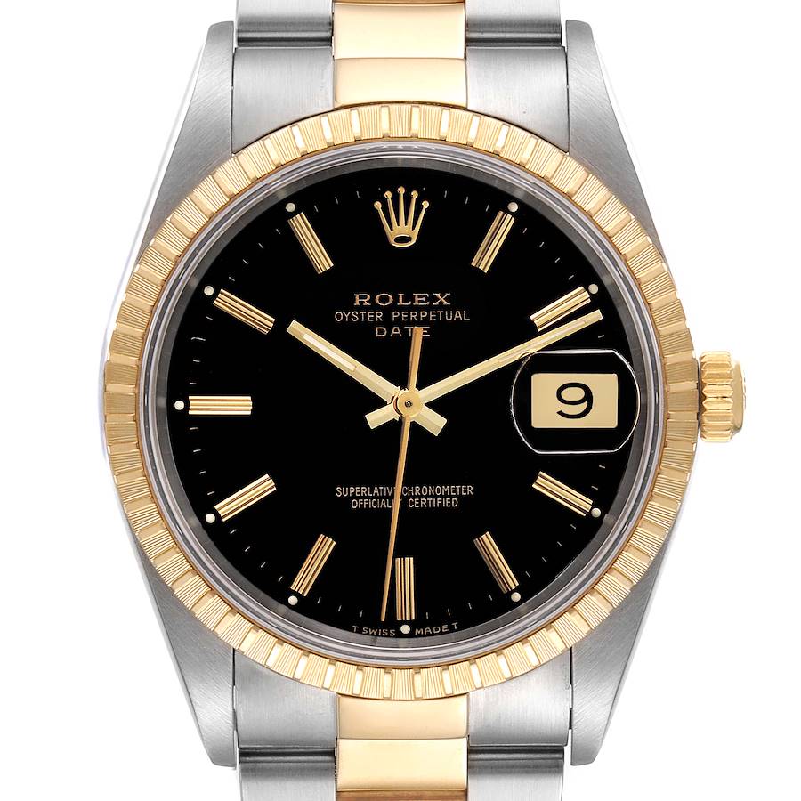 The image shows a frontal view of the Rolex Date 15223 Men's Steel and Gold (two tone) Black Dial 15223 Men's Steel and Gold (two tone) Black Dial model, highlighting the black dial, date window, fluted bezel, and two-tone bracelet.