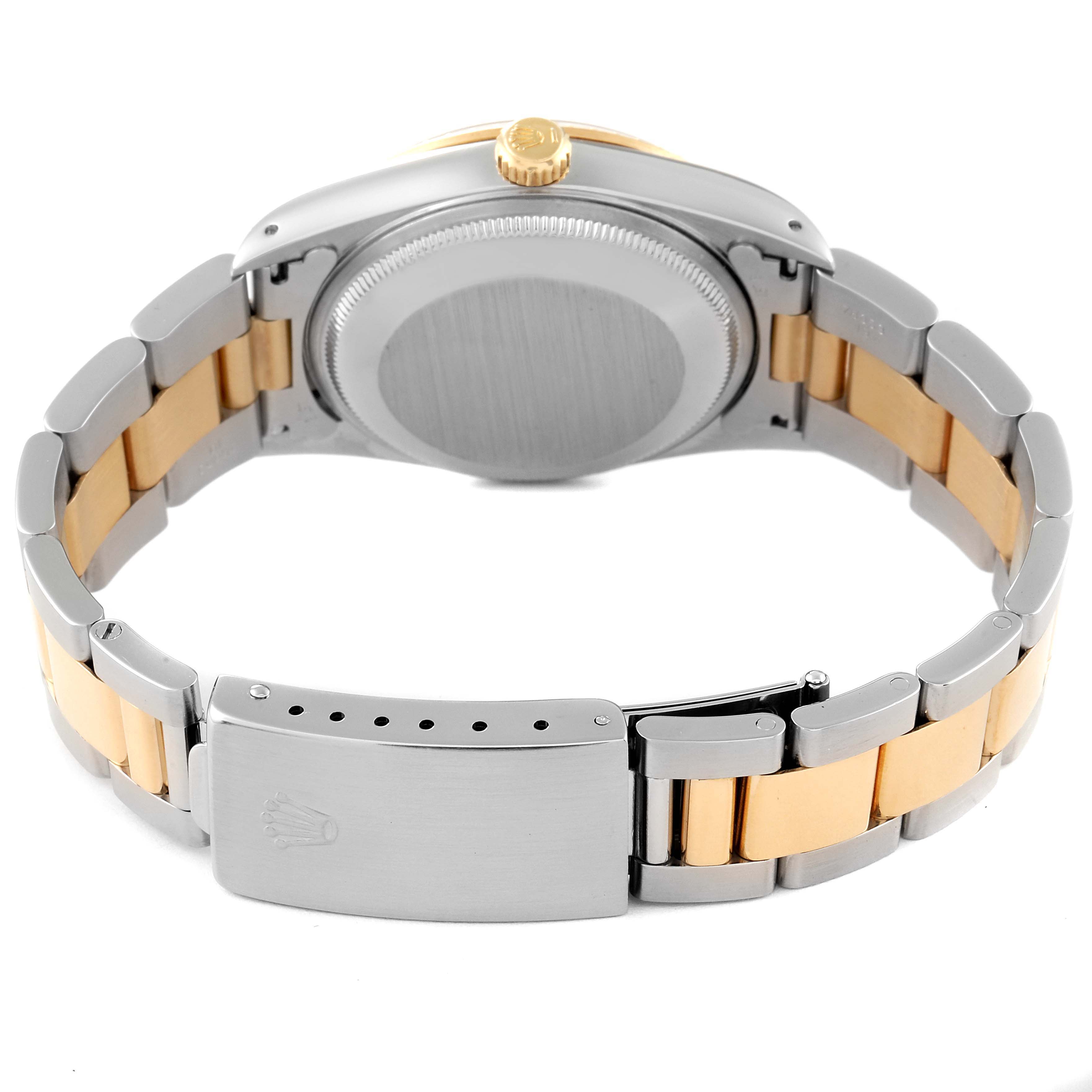 This image shows the back view of a two-tone Rolex Date 15223 Men's Steel and Gold (two tone) Black Dial 15223 Men's Steel and Gold (two tone) Black Dial model watch, highlighting the clasp and bracelet.