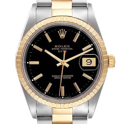 The image shows a front view of a Rolex Date 15223 Men's Steel and Gold (two tone) Black Dial 15223 Men's Steel and Gold (two tone) Black Dial model watch, highlighting its black dial, gold markers, and two-tone bracelet.