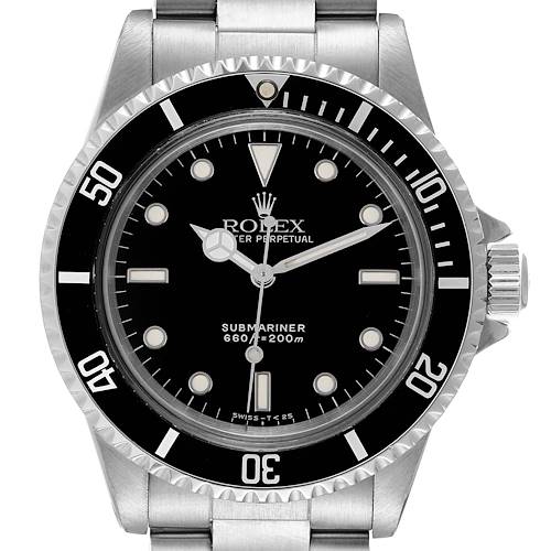The image shows a front view of a Rolex Submariner 5513 Men's Stainless Steel Black Dial 5513 Men's Stainless Steel Black Dial watch, displaying its dial, bezel, crown, and part of the bracelet.