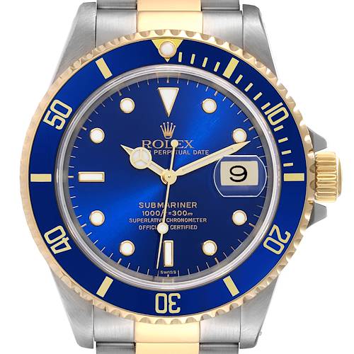 This image shows a Rolex Submariner 16613 Men's Steel and Gold (two tone) Blue Dial 16613 Men's Steel and Gold (two tone) Blue Dial watch with a blue dial, gold accents, and a date window at 3 o'clock.
