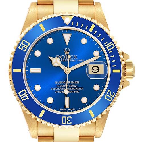 This is a close-up view of the Rolex Submariner 16618 Men's Yellow Gold Blue Dial 16618 Men's Yellow Gold Blue Dial, showcasing the blue dial, bezel, and part of the gold bracelet.
