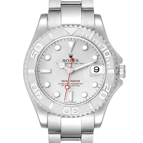 This image shows a front view of the Rolex Yacht-Master 168622 Men's Stainless Steel Silver Dial 168622 Men's Stainless Steel Silver Dial watch, displaying its face, bezel, and bracelet.
