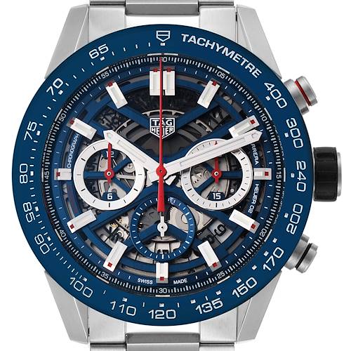 The image shows a Tag Heuer Carrera CBG2A11.FC6460 Men's Stainless Steel Blue Dial CBG2A11.FC6460 Men's Stainless Steel Blue Dial watch front-on, highlighting its detailed face, tachymeter bezel, and chronograph subdials.