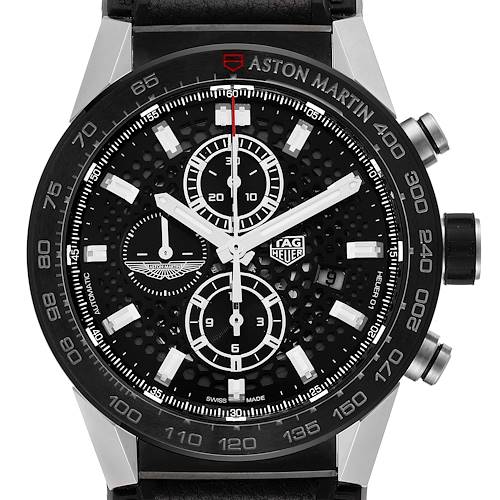 The image shows the face of the Tag Heuer Carrera CAR2A1AB.FT6163 Men's Stainless Steel Black Dial CAR2A1AB.FT6163 Men's Stainless Steel Black Dial watch, highlighting its chronograph features and Aston Martin branding.