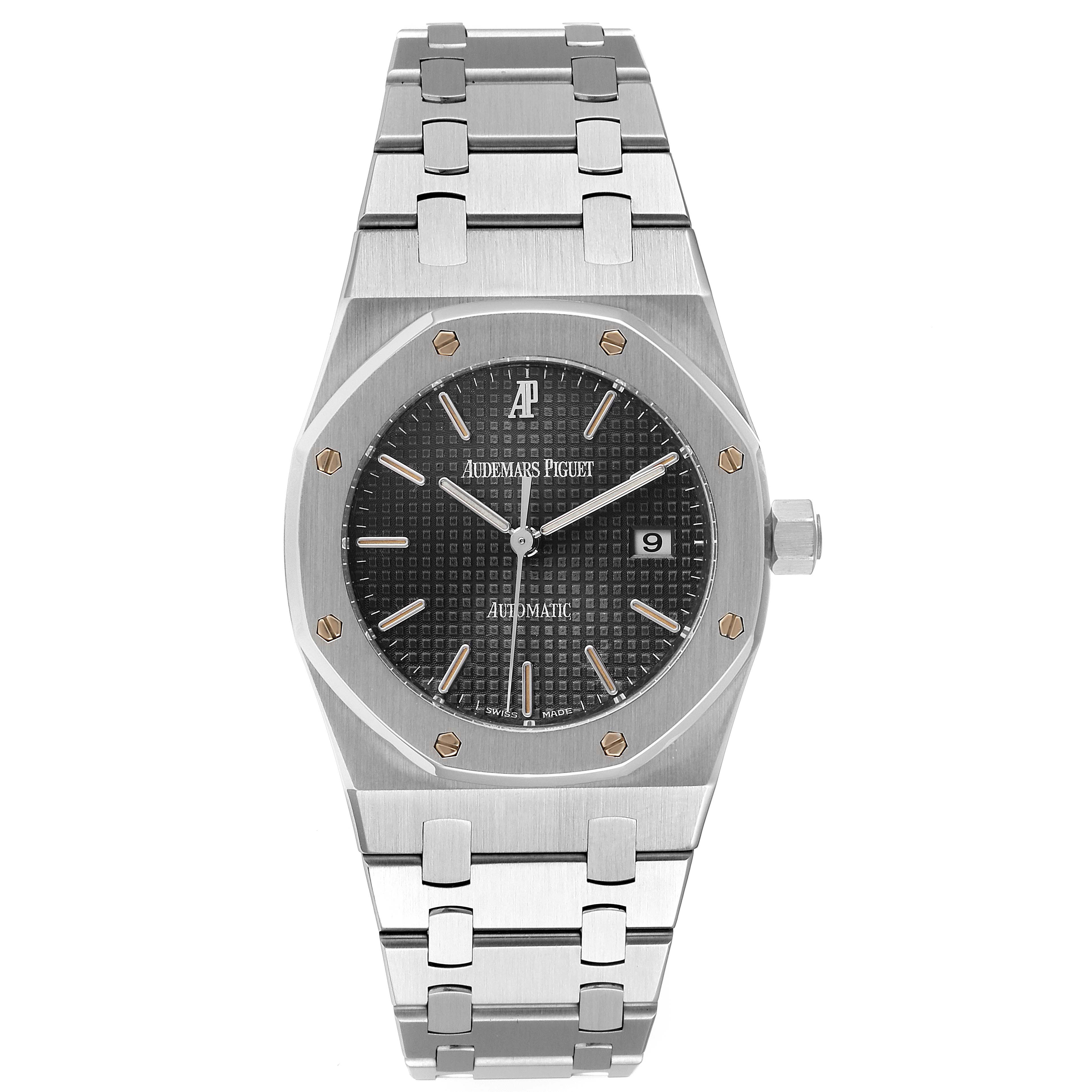 This image shows a front view of an Audemars Piguet Royal Oak 15000ST.OO.0789ST.05 Men's Stainless Steel Grey Dial 15000ST.OO.0789ST.05 Men's Stainless Steel Grey Dial watch, displaying the dial, bracelet, and crown.