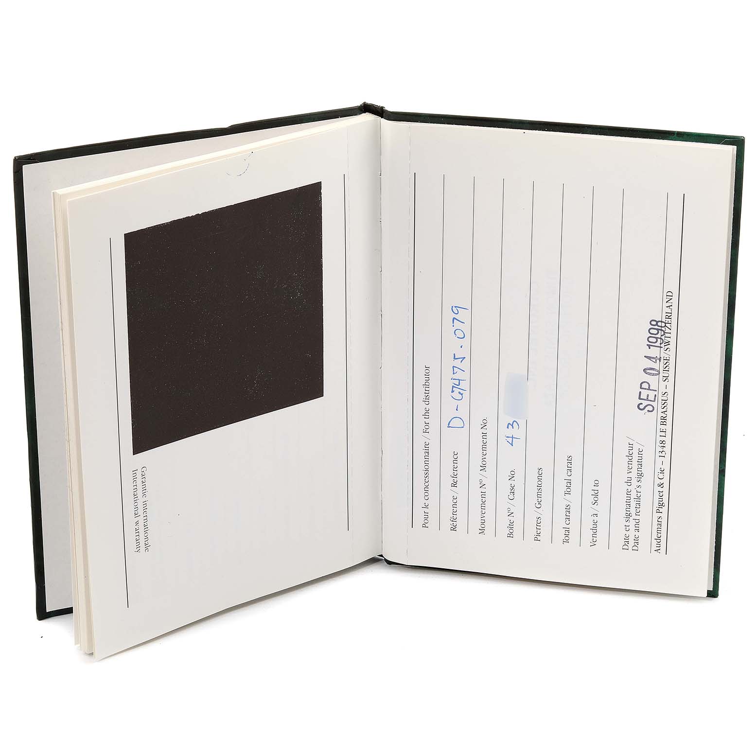 This image shows the opened warranty and service book for the Audemars Piguet Royal Oak 15000ST.OO.0789ST.05 Men's Stainless Steel Grey Dial 15000ST.OO.0789ST.05 Men's Stainless Steel Grey Dial model.